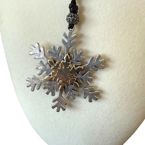 J. Jill Rhinestone Snowflake Pendant Necklace Reversible Adjustable Cord Rustic - Picture 12 of 16